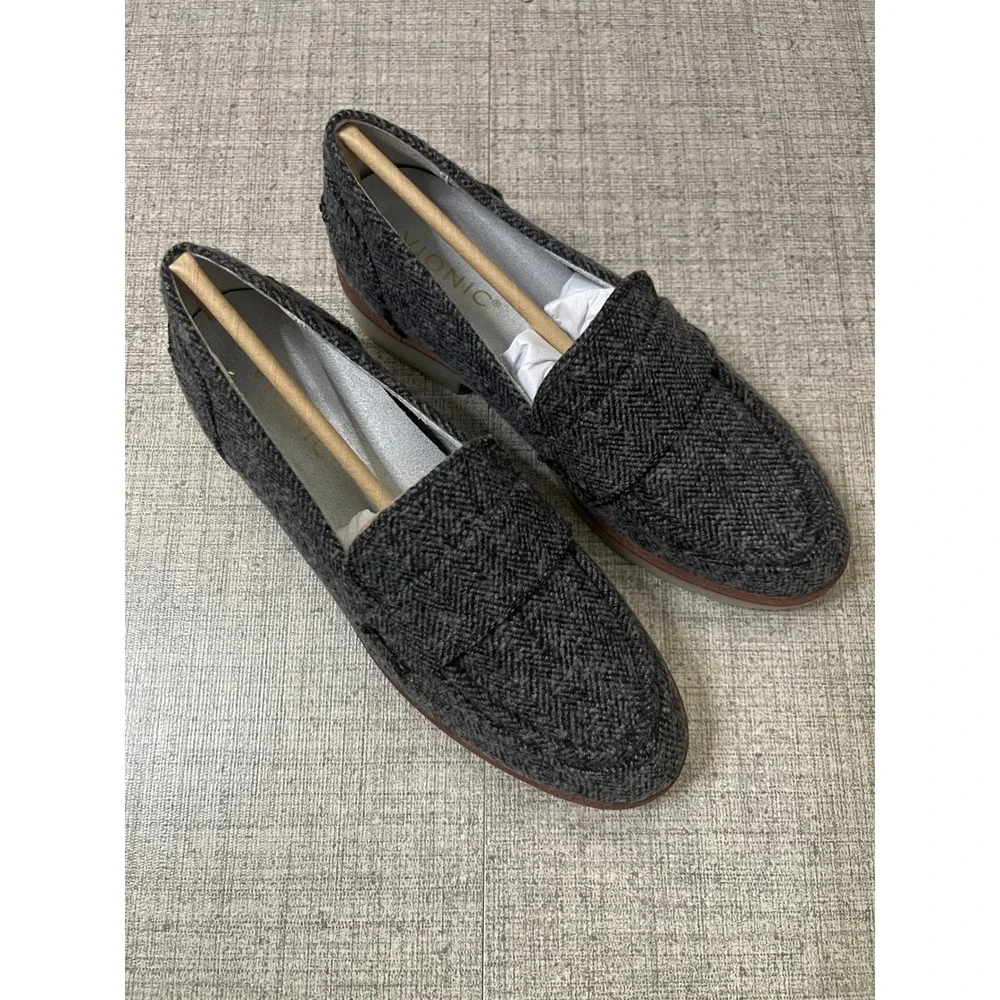 VIONIC Cleo Loafer Slate Grey Herringbone Tweed Platform Lug Sole Shoes 6.5 NEW
